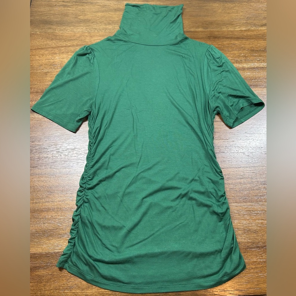 Michael Kors Size S Green Ruched Turtleneck Short Sleeve Blouse